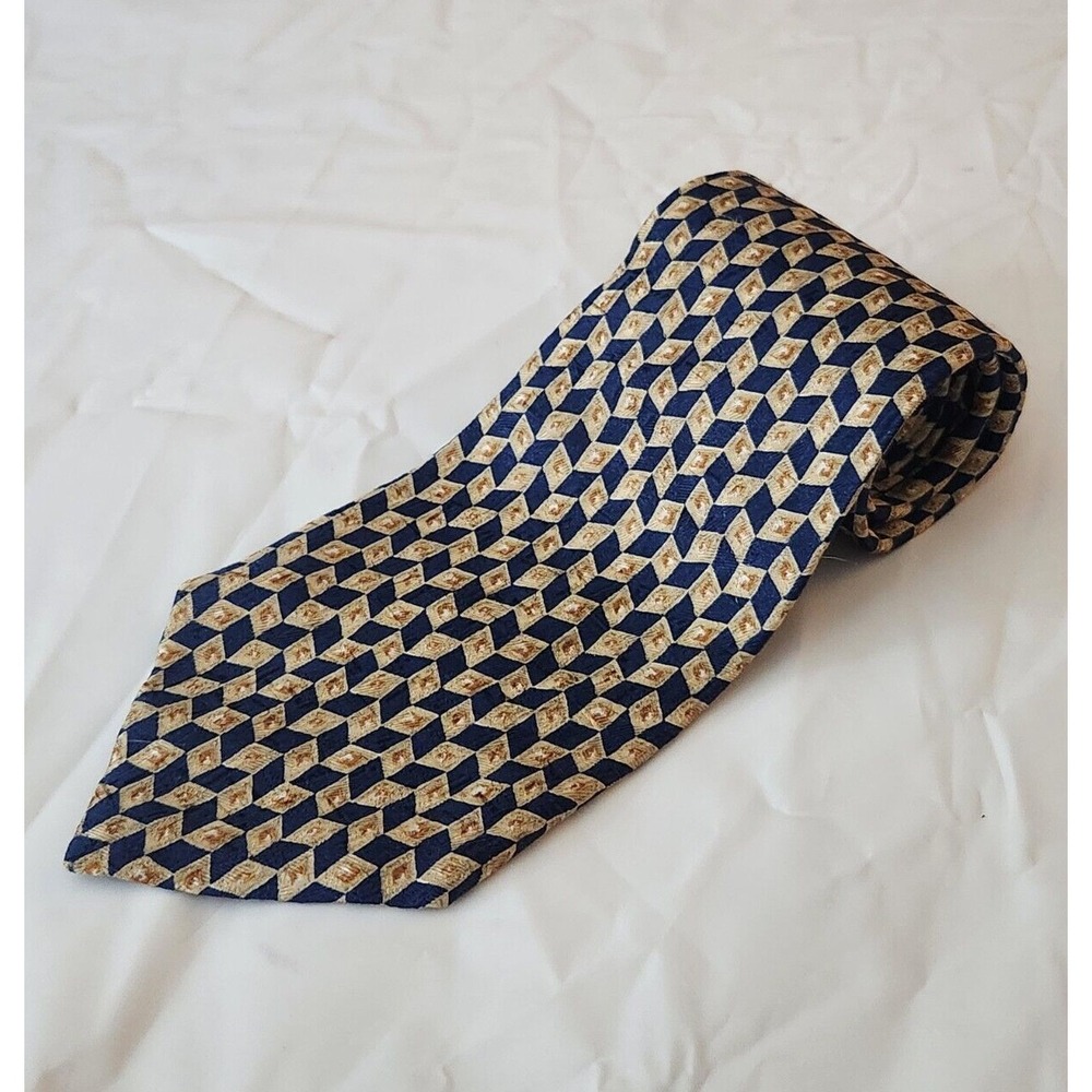 Perry Ellis Portfolio 100% Silk Geometrical Gold and Blue Pattern Men's Neck Tie